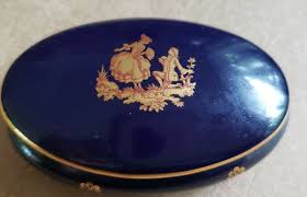 RARE! OVAL, LIMOGES, VINTAGE LE ROY PORCELAINE COBALT BLUE TRINKET BOX, MINT | eBay