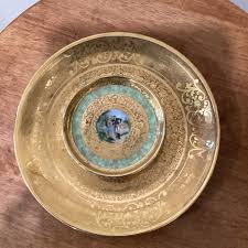 Antique Etched 22K Gold 2-Tiered and Tidbit Porcelain Tray Handmade Hand Painted Men and Women Love Story Signed Osborne and Stamps Artist | Chairish