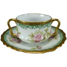 Limoges Large Pink Flowers Green & Gold Bouillon Cup & Saucer Circa . For Sale at Ruby Lane