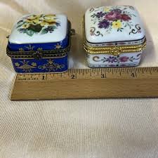 2 Vintage Porcelain Square Trinket Boxes Floral Motif Hinged ...