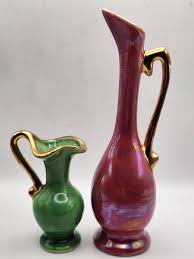 2 Vintage Pitcher Cruet Bud Vase Green And Pink Lusterware ...