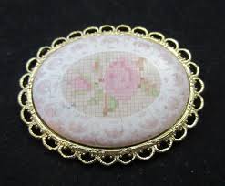 Vintage 1928 Brand Faux Petit Point Pink Flowers Porcelain Brooch Oval Gold Tone | eBay