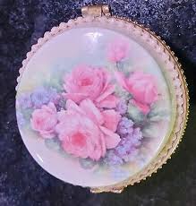 Vintage Hinged Porcelain Trinket Round Box Pink Roses Pearl's Gold Tone 2 1/2" | eBay