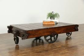 Industrial 1900's Antique Railroad Salvage Oak Cart, Coffee Table, Signed
