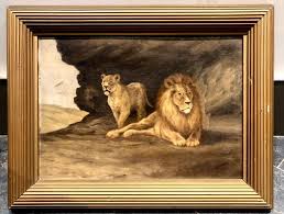 Genuine Antique American School Oil Painting Lions Signed ...