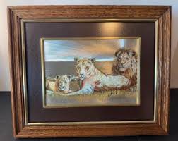 Vintage Foil Art Big Cat Family - Lion, Lioness & Cub - Leather ...