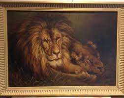 1923 Antique Oil Painting Copy of "repose, Lion and Lioness ...