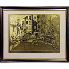 Vintage Gold Foil Etching "Dry Dock" Lionel Barrymore Signed ...