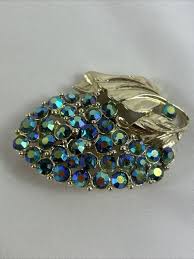 Grape Cluster Pin Brooch And Clip On Earrings Set Blue Rhinestone Gold Tone | eBay