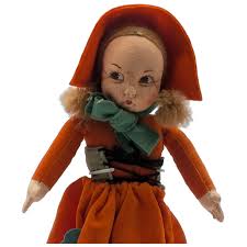 Darling Little Vintage Norah Wellings Girl Dressed in Orange with ID. For Sale at Ruby Lane