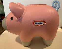 Vintage Little Tikes PINK Pig Piggy Coin Bank Curly Blue ...