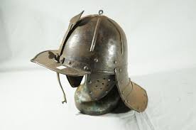 Sold at Auction: C17th English Cilvil war period lobster tail steel helmet with drop down nasal guard 40 cm wide x 20 cm high