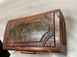 Antique Vtg Ornate Hand Carved Wood Jewelry Box Brass ...