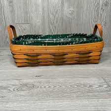 longaberger Christmas long basket green weave and green fabric and liner 1994