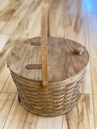 1986 Longaberger Handwoven Round Sewing Basket Swing Handle Hinged Lid Signed | eBay