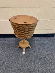 Longaberger sewing basket,round, with stand, leather hinges | EstateSales.org