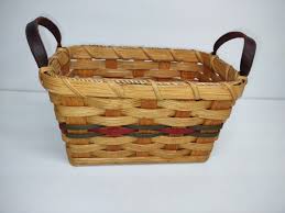 Basket Handmade Artist signed wood bottom leather handles ...