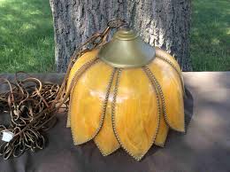 MCM Mid Century Modern Vintage Tulip Lamp Shade Retro 1970s Yellow Swirl Hanging Plastic Light, Long Cord and Chain, Very Good Condition, 13"Diam Auction | 1BID
