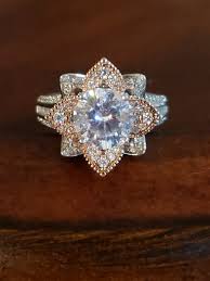 Sterling SILVER & ROSE GOLD FLOWER Engagement Ring, Cubic ...