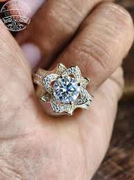 Gold Floral Halo Moissanite Engagement Ring: Lotus Flower ...