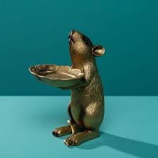 Decorative figurine rat, mouse, Rudi Ratte with bowl, gold, polyresin, 15.5x13.5x23 cm