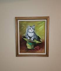 BEAUTIFUL VINTAGE OIL ON CANVAS PAINTING KITTY CAT IN A HAT ...