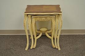 Three Vintage Louis XV Carved Satinwood Inlaid Nest of Nesting Side Tables For Sale at 1stDibs