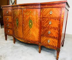 Fine Sheraton Revival Satinwood Adams Style Painted Bow Front Buffet Sideboard at 1stDibs