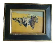 Late 19th / Early 20th c. American West Oil Painting on Board of a Cowboy with Horses and Wagon in a Desert Landscape | Chairish