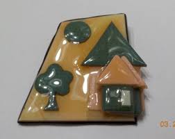 Vintage House Pin by Lucinda (8942) Green Tree and Moon - Etsy