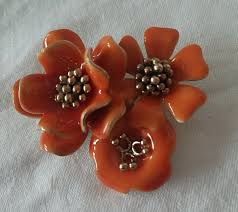 Vintage Runway 60s Enamel Floral Brooch Signed French Peach ...