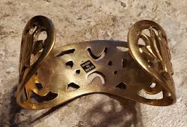 VINTAGE WIDE BRASS CUT OUT CAGE DESIGN CUFF BRACELET with ...