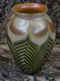 Lundberg Glass Art Gold Aurene Moire Green Fern Palm Vase ...