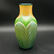 1979 Orient & Flume Art Glass Green Gold Pulled Feather ...