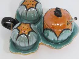 Vintage Japan LUSTERWARE Salt, Pepper, Condiment w/ Caddie, Green/Orange/Black | eBay