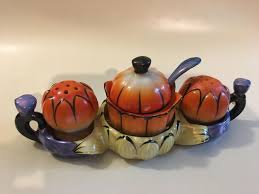 Vintage Condiment Set, Salt & Pepper Shakers, Mustard Jar with Spoon, Underplate | eBay