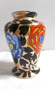 Lusterware Vase Vibrant Orange w Blue Red Flowers Black ...