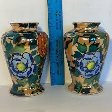 Vintage Matching Pair Lusterware Vases Floral & Leaf Red ...