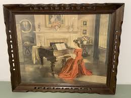Antique 19th Century Painting Of A Woman Playing A Piano ...