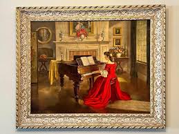 Vintage Lady in Red Dress Painting by M. Ditlef, Victorian ...