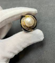 Pearl Diamond and Black Enamel RIng For Sale at 1stDibs