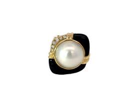 18KY 1970's 14.5mm Mabe Pearl Dia & Onyx Ring Sz 9 - Gold ...