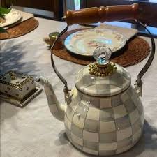 MacKenzie-Childs | Kitchen | Mackenziechilds Sterling Check Blue Grey And White Teapot Tea Kettle | Poshmark