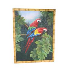 Large Vintage Painting on Canvas Depicting Two Macaws in ...