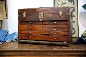 Antique Machinist wood tool box chest jewelry box case brass badge Vintage | eBay