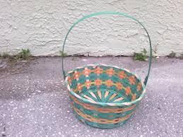 Small Pink Yellow Green Wooden Woven Easter Basket Round ...