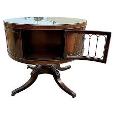 Mahogany & Brass Round Drum Coffee Table W/ Inlaid Leather ...