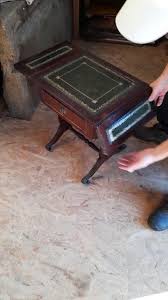 Vintage Wood Side Table Drop Leaf on Wheels Leather Top ...