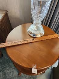 Vintage 2 Tier Round Wooden End Drum Table, Solid Oak Magazine Rack End Table / Side Table and lamp | EstateSales.org