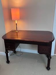 Antique-Wood-Desk-And-Metal-Base-Lamp